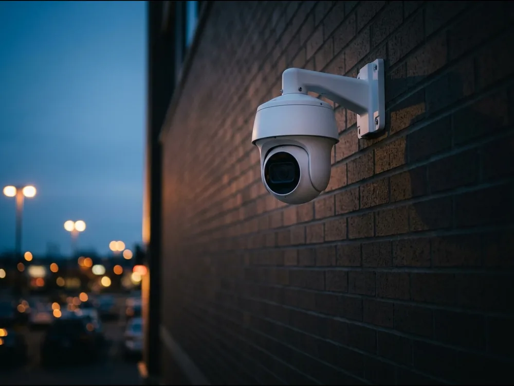 Business security camera installed on a commercial building in New Jersey